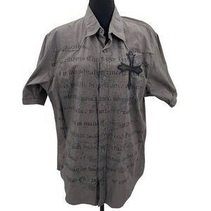 Helix Mens Gray Gothic Cross Text Print Short Sleeve Button Down Shirt XL Y2K